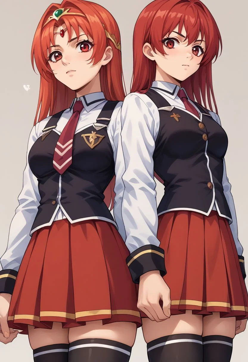 score_9, score_8_up, score_7_up, source_anime, , circlet, <lora:bible_black_uniform_xl_v3:0.8> school uniform, white shirt, black vest, black thighhighs, red skirt, red necktie, Cecily Cambell