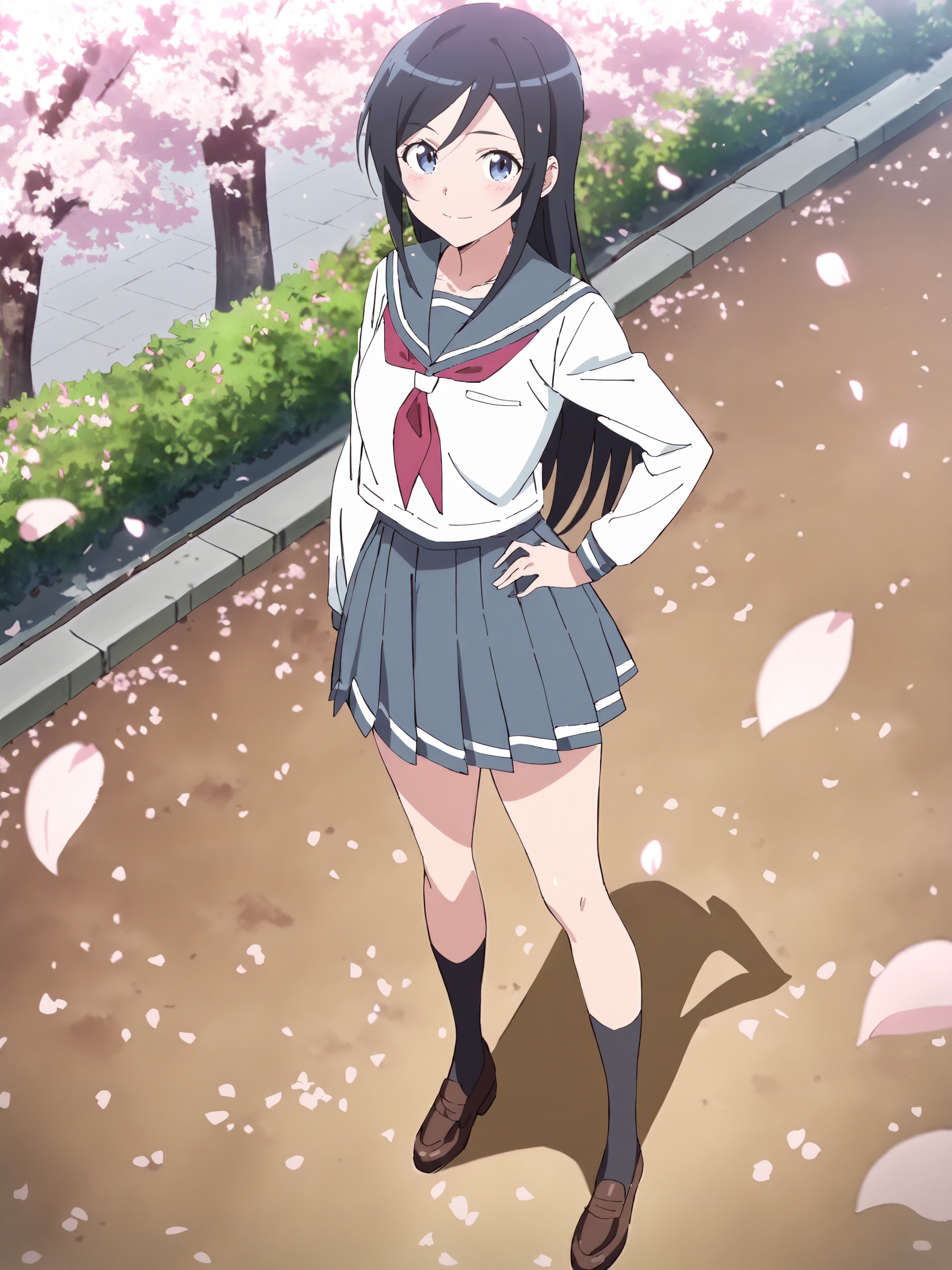 masterpiece, high score, great score, absurdres, anime screenshot, anime coloring,  <lora:Char-Aragaki_Ayase-V1-SDXL:1:hr=0.7>, 1girl, aragaki ayase, solo, serafuku, blue pleated skirt, red neckerchief, loafers, black socks, hand on hip, looking at viewer, light smile, standing, full body, outdoors, street, cherry blossoms, petals, depth of field