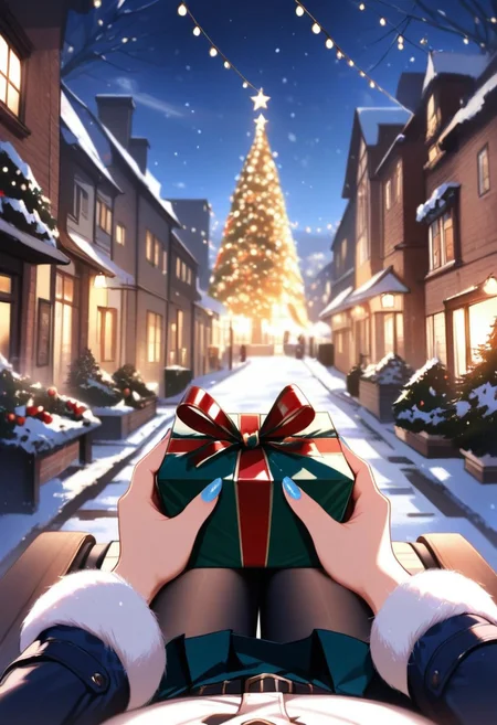 warm colors, masterpiece, best quality, amazing quality, solo,( female pov shot, first person point of view,:1.4) sky blue winter fur lined clothes, sky blue fur lined coat, black pleated skirt, (perfect hands:1.4), wrapped christmas present on lap, blue nail polish, white and blue striped scarf, twin braids, pantyhose, sitting on bench, outdoors, city, european architecture, night time, snowing, christmas lights, christmas decorations, masterpiece, high score, great score, absurdres(female pov:1.3)