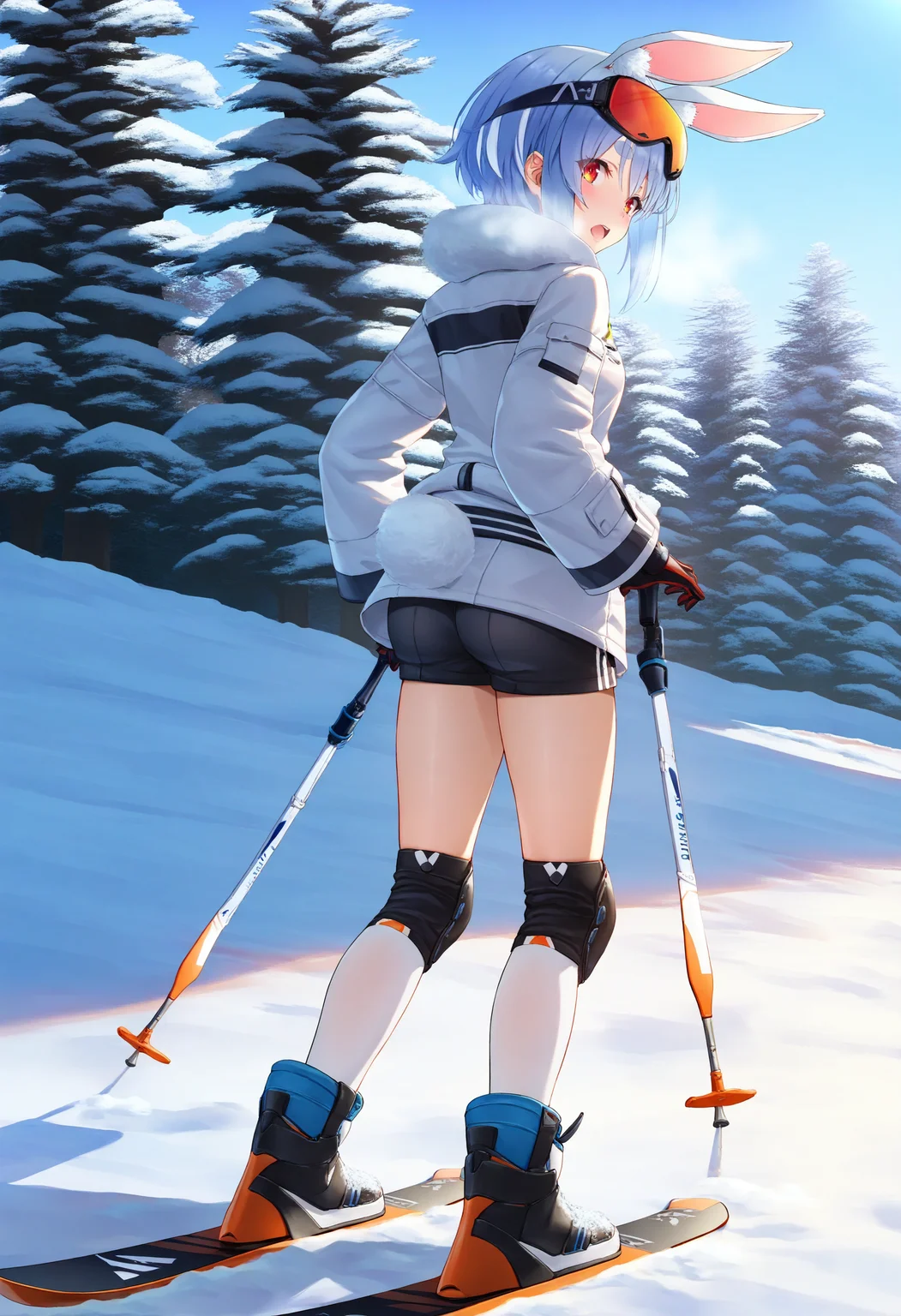 by [lack|fuzichoco|lam|kinta \(distortion\)|wlop|quasarcake|nixeu|happoubi jin|miyajima reiji],
1girl, usada pekora, solo, rabbit ears, red eyes, rabbit tail, ass, looking back, looking at viewer, snow, short hair, goggles on head, gloves, full body, white hair, rabbit girl, from behind, long sleeves, outdoors, standing, fur trim, two-tone hair, day, boots, knee pads, blue sky, short shorts, breath, open mouth, white thighhighs, skiis, skiing, ski pole, backlighting, dappled sunlight, tree shade,
very awa, masterpiece, best quality, very aesthetic, absurdres
<lora:illustrious_winter_collection_v11:1>