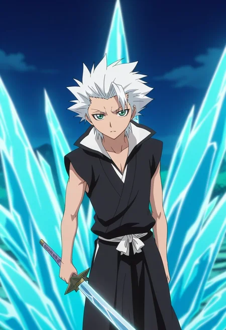 masterpiece, best quality, , anime screencap, anime coloring, , looking at viewer, depth of field, 1boy, solo, male focus, <lora:toushirou_hitsugaya_ilxl:1>, toushirou_hitsugaya, white hair, green eyes, spiked hair, short hair, . sword, ice, bankai, ,