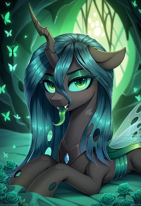 masterpiece, score_9, score_8_up, score_7_up, score_6_up, (best quality:1.1), ultra-detailed, high resolution, (solo), (1WOMAN), (ALICORN PONY), (GODDESS CHRYSALIS) ((long cerulean hair:1.2)), (highly detailed pony face:1.4), (beautiful detailed green shiny slitted eyes), (long luscious eyelashes:1.4), (detailed hair:1.5), (shiny black fur:1.5), (shiny skin:1.5), (seductive smile:1.5), (green royal regalia with holes:1.5), ((highly detailed green hive background:1.5)), (green changeling hive background:1.5) ((green butterflies all around her:1.5)), (green roses all around her:1.5), (dynamic pose:1.4), (green long tongue:1.6), (tongue out:1.5), (green blush:1.5), (laying down in green bed:1.5), high quality, sharp, the quality of ai art is frightening, highly detailed, Highly Visible, sharp focus, high detail, detailed background,