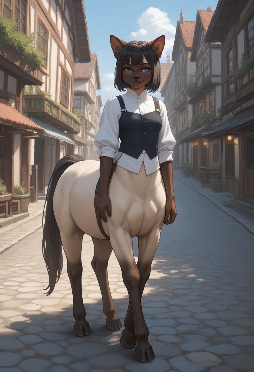 score_9,score_8_up,score_7_up,score_6_up,score_5_up,score_4_up, BREAK ((Siamese cat)), centaur, solo, smile, village, day, hooves, black horse tail, ((furry)), black hair, bangs, cat head, cat ears, cat nose, white fur