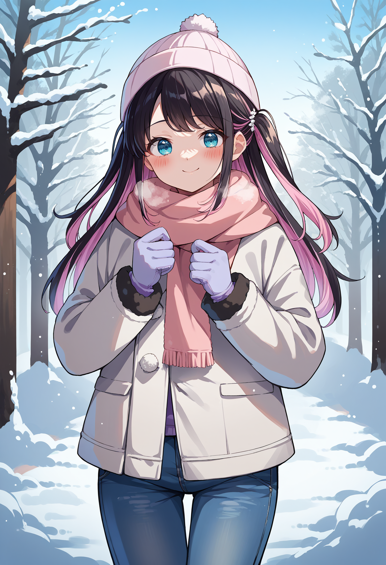 score_9, score_8_up, source_anime, 1girl, solo, NazunaKaga, blue eyes, multicolored hair, black hair, pink hair, long hair, two side up, winter, gloves, winter coat, beanie, jeans, scarf, snow, outdoors, blush, heavy breathing, smile, <lora:ChamNazunaKagaPonyXL:1>
