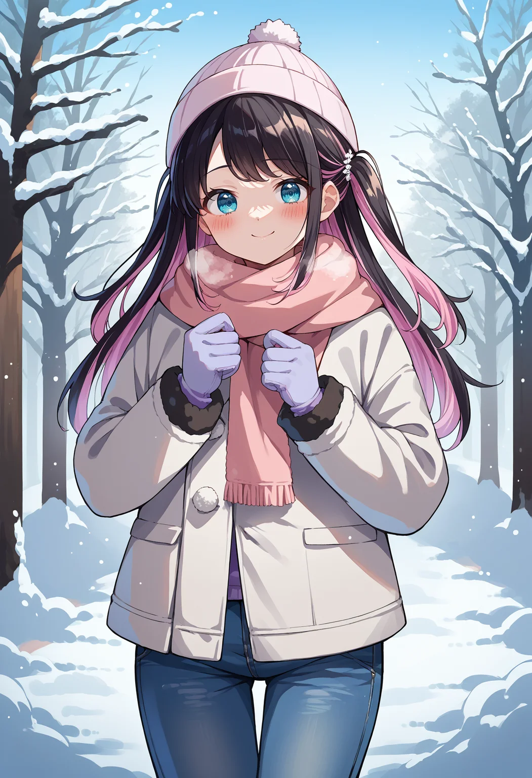 score_9, score_8_up, source_anime, 1girl, solo, NazunaKaga, blue eyes, multicolored hair, black hair, pink hair, long hair, two side up, winter, gloves, winter coat, beanie, jeans, scarf, snow, outdoors, blush, heavy breathing, smile, <lora:ChamNazunaKagaPonyXL:1>