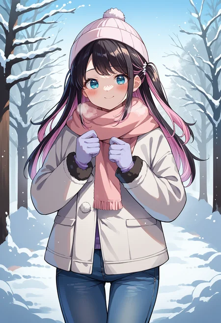 score_9, score_8_up, source_anime, 1girl, solo, NazunaKaga, blue eyes, multicolored hair, black hair, pink hair, long hair, two side up, winter, gloves, winter coat, beanie, jeans, scarf, snow, outdoors, blush, heavy breathing, smile, <lora:ChamNazunaKagaPonyXL:1>