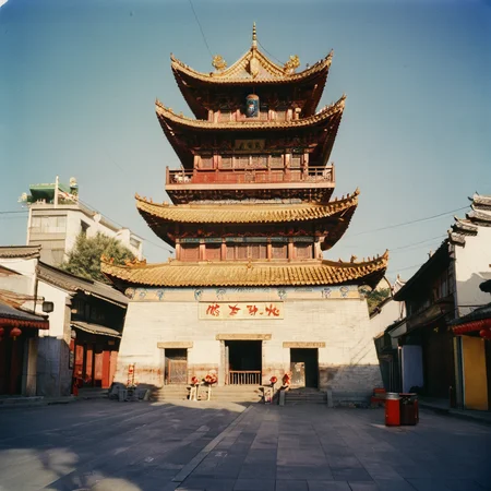 4k,realistic,photograph,analog film photo Deep photo,ferrania p30 film,Kodachrome,grainy,chinese style,shining,
a beautiful chinese tower in a street,daytime,sunny,
east asian architecture,<lora:east_asian_architecture:1>,