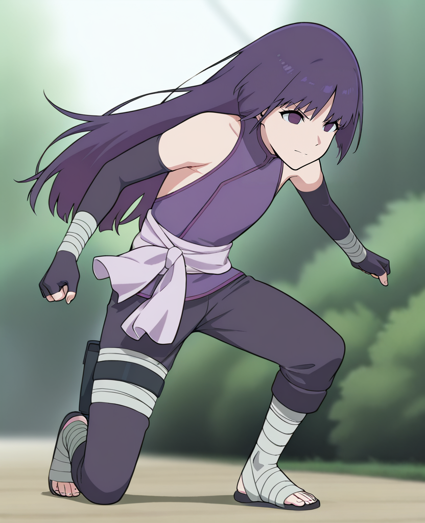 masterpiece, best quality, amazing quality, very aesthetic, absurdres, <lora:Sumire_Boruto_ILLUS-000010:1> , sm1, shirt, 1girl, long hair, bangs, elbow gloves, purple eyes, purple hair, no pupils, fingerless gloves, bandaged arm, jacket around waist, bandaged leg, thigh strap, pants, toeless footwear,