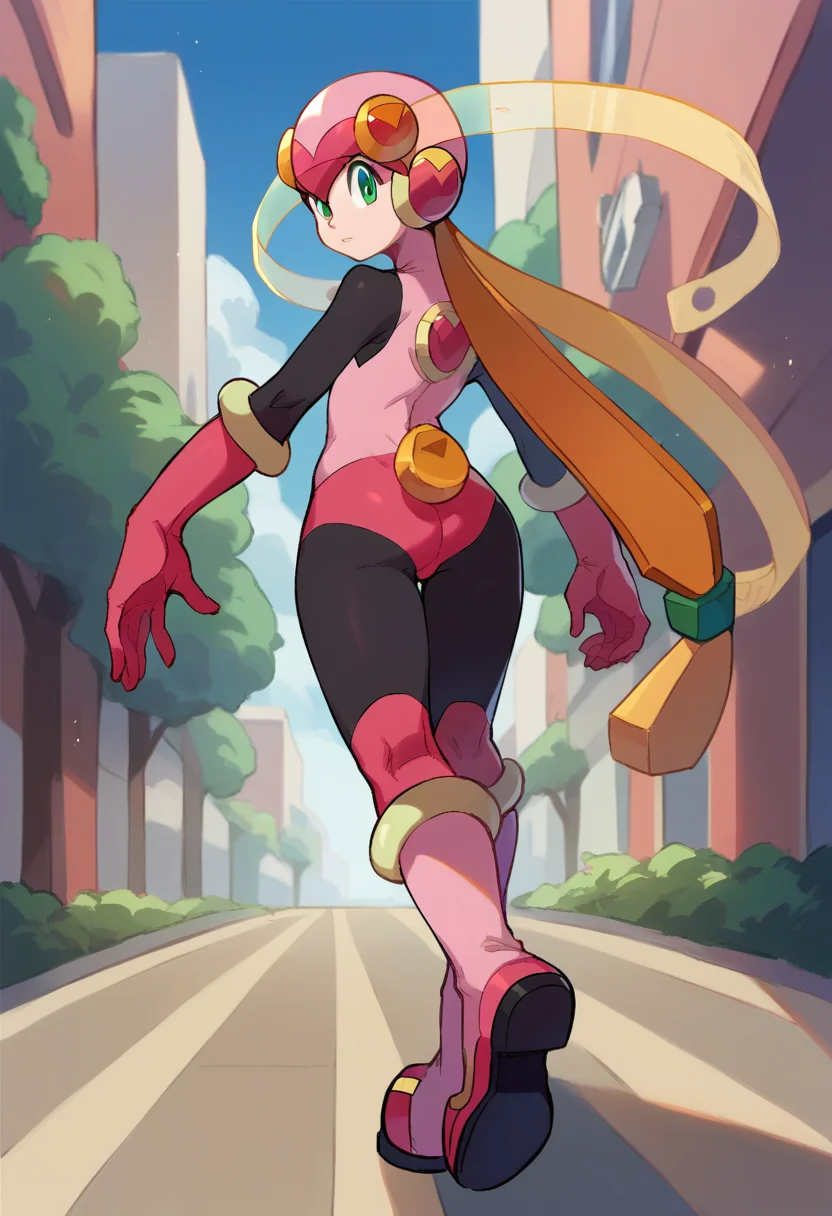 score_9, score_8_up, score_7_up,
<lora:RollexeMaylSakuraiPonybyRR-10:1>, roll.exe_(mega_man), helmet, pink bodysuit, green eyes, long hair, pink gloves, knee boots, pink boots,
1girl, solo, :o, looking back,
cowboy shot, outdoors, street,