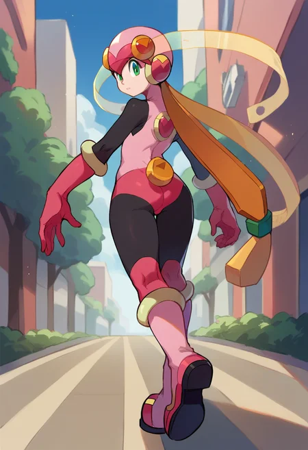 score_9, score_8_up, score_7_up,
<lora:RollexeMaylSakuraiPonybyRR-10:1>, roll.exe_(mega_man), helmet, pink bodysuit, green eyes, long hair, pink gloves, knee boots, pink boots,
1girl, solo, :o, looking back,
cowboy shot, outdoors, street,