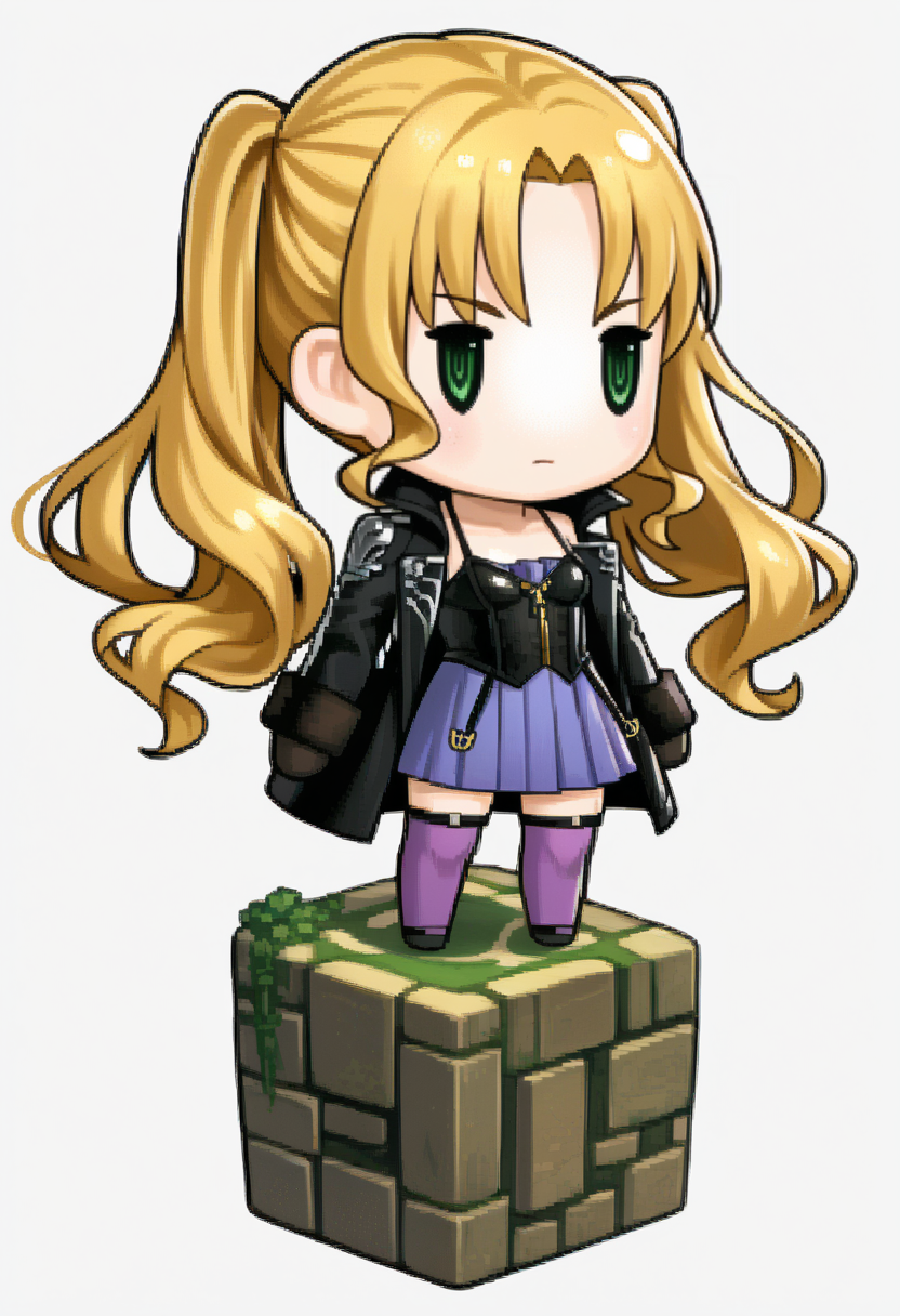score_9, score_8_up, score_7_up, source_anime, 1girl, solo,
<lora:zs_PictlogicaStyleXL:1> ffpictlogicastyle, chibi, full body, faux figurine, white background
 <lora:codevein_miakarnstein_ponyXL:1> mia karnstein, long hair, blonde hair, twintails, green eyes, black coat, long coat, open coat, long sleeves, fur-trimmed sleeves, purple dress, short dress, bustier, spaghetti strap, black gloves, purple thighhighs, thigh strap
