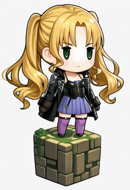 score_9, score_8_up, score_7_up, source_anime, 1girl, solo,
<lora:zs_PictlogicaStyleXL:1> ffpictlogicastyle, chibi, full body, faux figurine, white background
<lora:codevein_miakarnstein_ponyXL:1> mia karnstein, long hair, blonde hair, twintails, green eyes, black coat, long coat, open coat, long sleeves, fur-trimmed sleeves, purple dress, short dress, bustier, spaghetti strap, black gloves, purple thighhighs, thigh strap