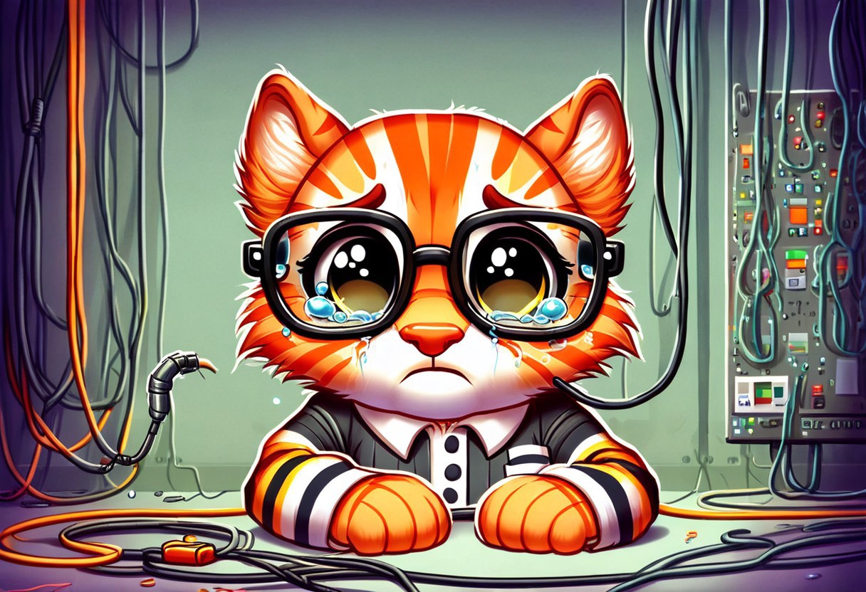 orange striped tabby wearing nerdy glasses, crying, tears, sad, chewing fiber optic cable, breaking fiber optic cables, background: server room catching fire