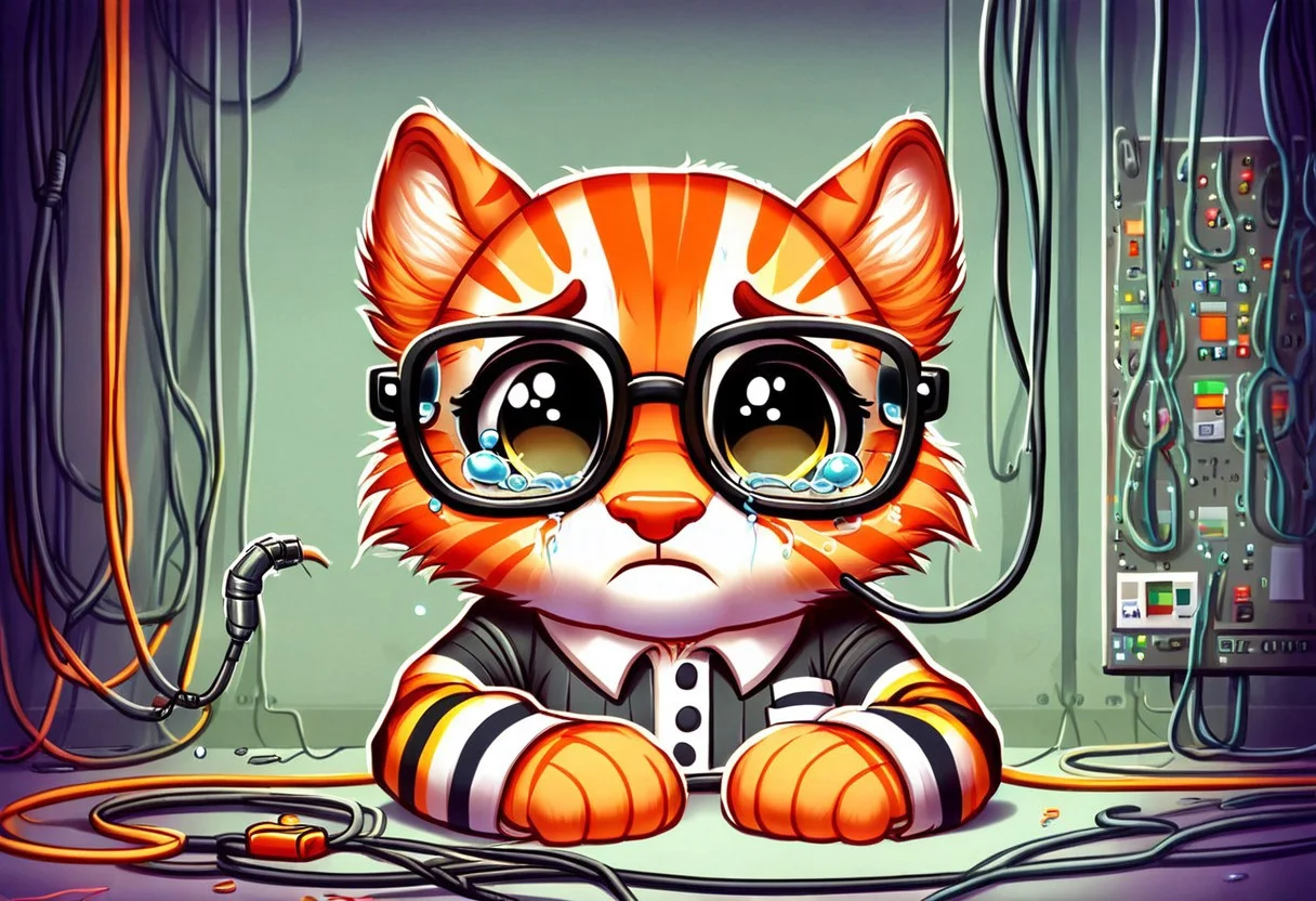 orange striped tabby wearing nerdy glasses, crying, tears, sad, chewing fiber optic cable, breaking fiber optic cables, background: server room catching fire