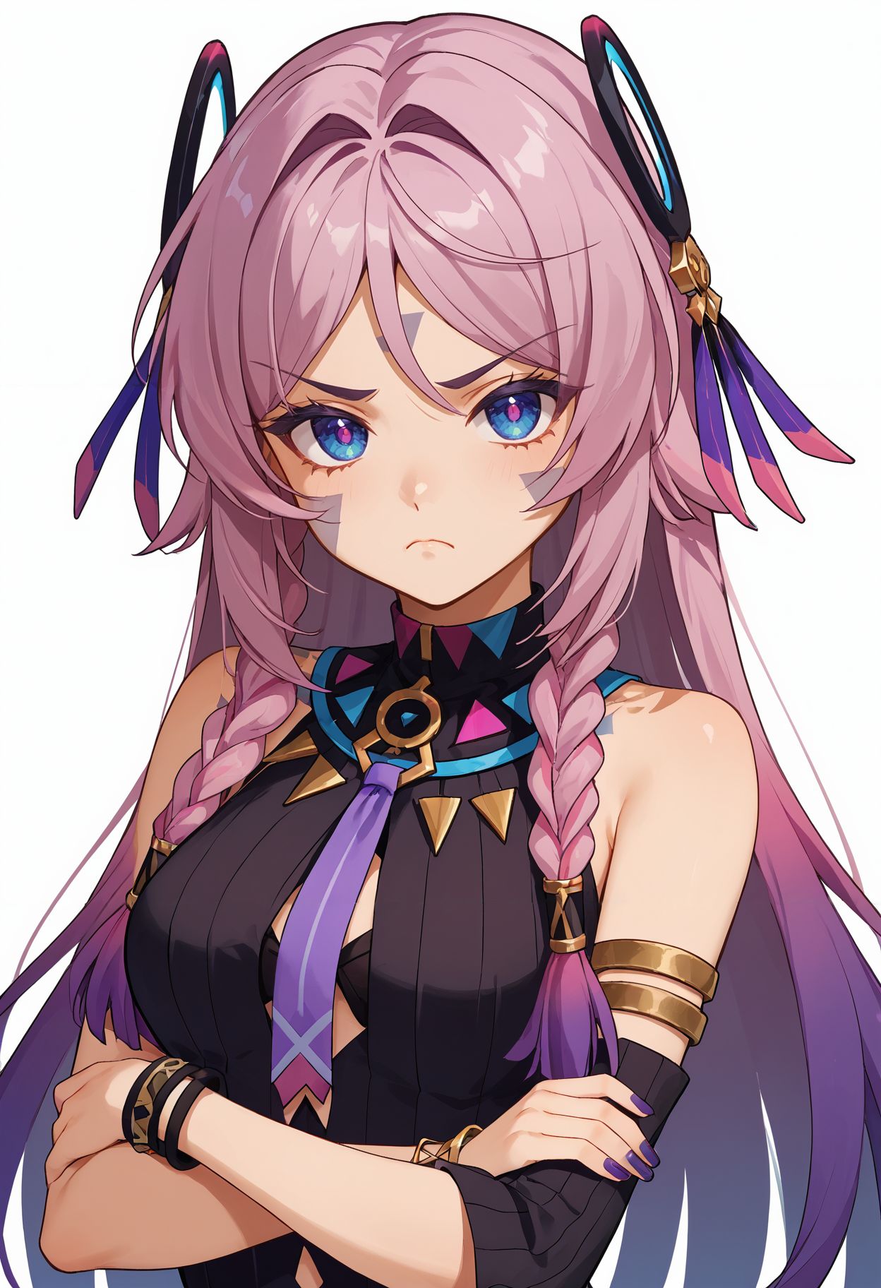 score_9,score_8_up,score_7_up,<lora:citlali_genshin_impact_pdxl_goofy:1>citlali, 1girl, white background, crossed arms, upper body, simple background, looking at viewer, purple necktie, medium breasts, frown, twin braids, closed mouth, detached sleeves, gradient hair, hair intakes, purple nails, jewelry, nail polish, sleeveless, tattoo, navel, bracelet, bare shoulders, black shirt, black sleeves