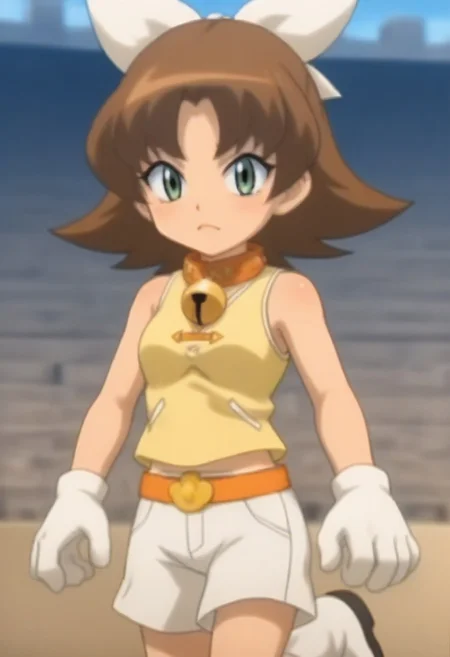 source_anime, anime screencap, source_anime, auratheguillotine, anime screencap, masterpiece, source_anime, shiny skin,,,,,,,,, bare shoulders,,, motti, brown hair, green eyes, nekoguchi, bell collar, orange collar, bangs, hair ribbon, white ribbon, medium hair, yellow tank top, tank top, exposed arms, sleeveless,, white shorts, orange belt, white boots, white gloves, one paw glove, one fingerless glove,