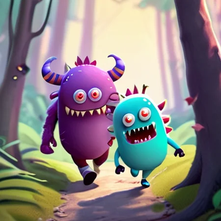 Two scary monsters with cute eyes are hiking with backpacks through a peaceful fairytale forest <lora:rob_sheridan_drawing_style:1>