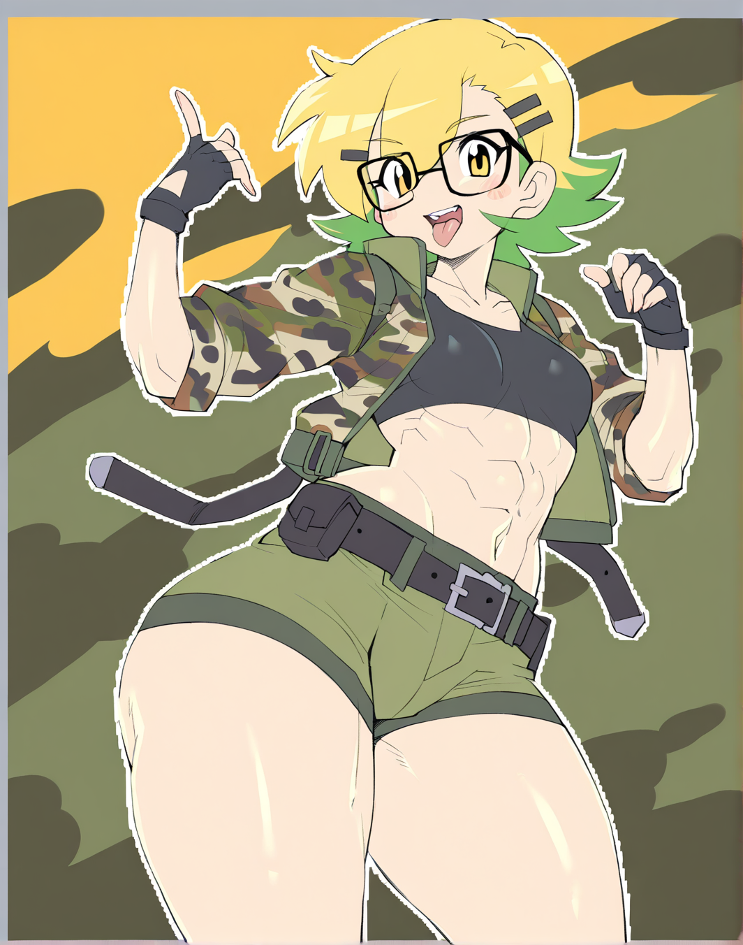 <lora:Sakana88888888_-_WAI-000027:1>, Masterpiece, 1girl, tongue, abs, gloves, solo, camouflage, tongue out, glasses, fingerless gloves, green hair, navel, belt, yellow eyes, shorts, thick thighs, hair ornament, multicolored hair, hairclip, breasts, jacket, blonde hair, black-framed eyewear, short hair, camouflage jacket, thighs, black belt, wide hips, small breasts, two-tone hair, toned, teeth, black gloves, midriff, flat color background