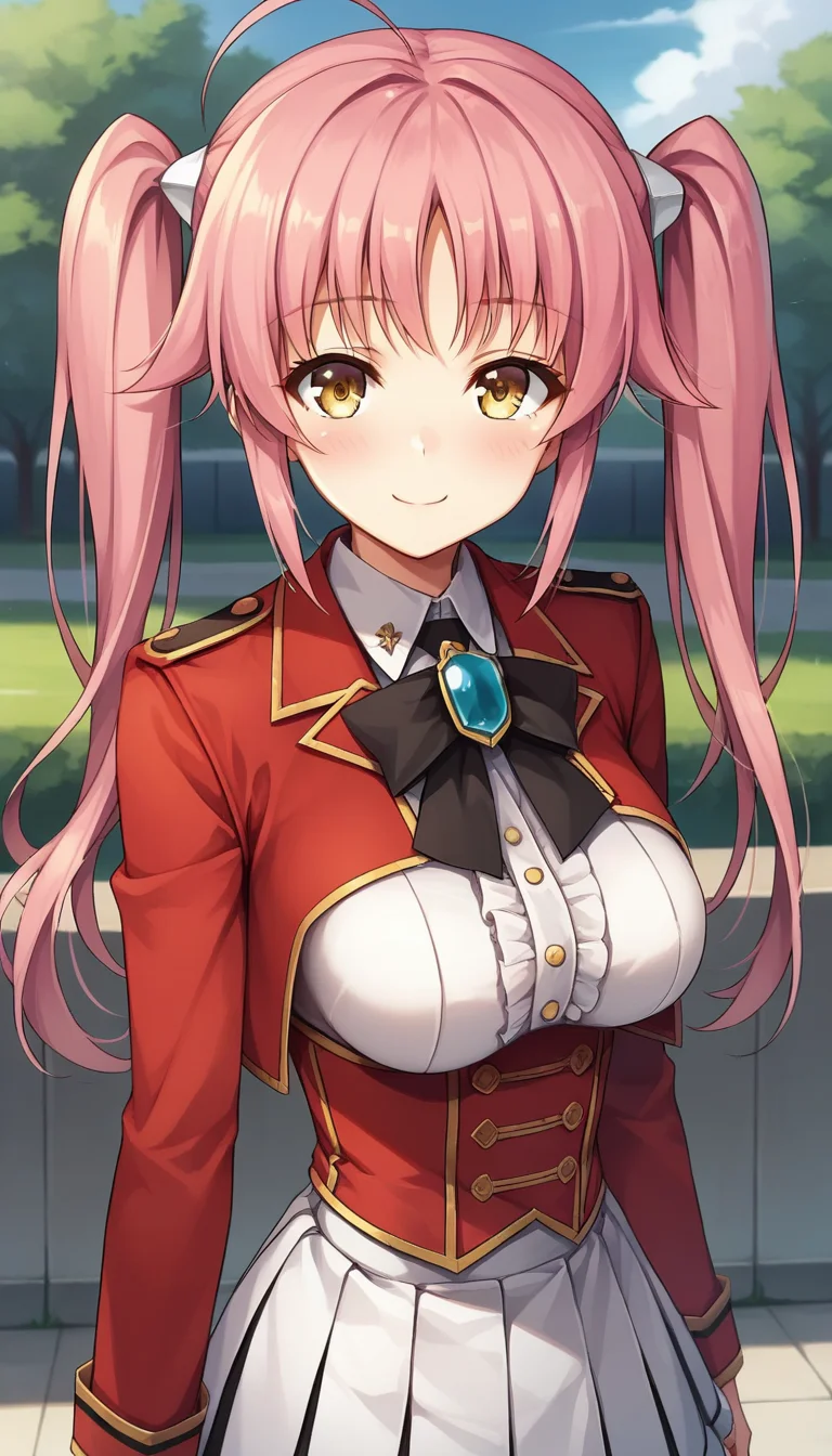 score_9,score_8_up,masterpiece,best quality,correct anatomy,anime_source,1girl,solo,perfect eyes,perfect arms,perfect legs,perfect face,outdoors,upper body,(portrait:1.5),looking at viewer,facing viewer,smile,blush,Kazama Akari,ahoge,long hair,pink hair,twintails,sidelocks,bangs,yellow eyes,uniform,black bowtie,black ribbon,brooch,red jacket,cropped jacket,white shirt,collared shirt,center frills,shirt breasts out,red corset,long sleeves,medium breasts,underbust,jewelry,miniskirt,white skirt,pleated skirt,black socks,loafers,black footwear,<lora:Kazama Akari(kpk)-Pony:1.1>,