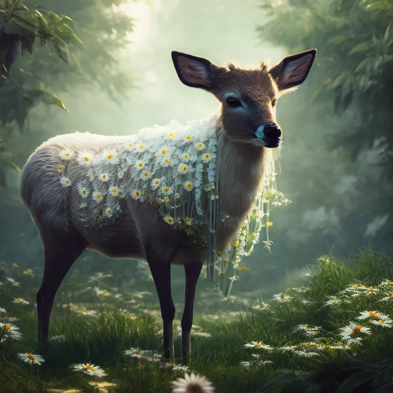 Low angle close up shot of a (white ghost doe :1.2)wrapped in vines and daisies. Subsurface scattering, Rimlight, bokeh background, caustic reflections. art by norman rockwell and (ChemPunk-96 :0.1), smoose-2-500