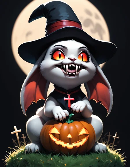 score_9, score_8_up, score_7_up, the cutest little (vampire:1.6) bunny rabbits, big fangs, grass, full moon, grave black hat, pumpkin, cross, black background, plain background