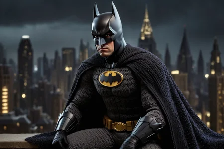 <lora:Sacha Goldberger Style:1>, <lora:CROCHETED:1> CROCHETED, Sacha Goldberger Style -High-resolution photographic image of Batman, solely in a crocheted outfit, showcasing intricate textures and patterns. Cinematic lighting highlights his high-end, wide, flowing attire. Batman gazes directly at the camera with sharp, intense eyes. The image is photorealistic and ultra-detailed, rendered in 8k. Set against the iconic skyline of Gotham City, the urban landscape exudes a dark, moody atmosphere. (Dynamic Action Pose:1.3), (Dynamic Camera Angle:1.3),