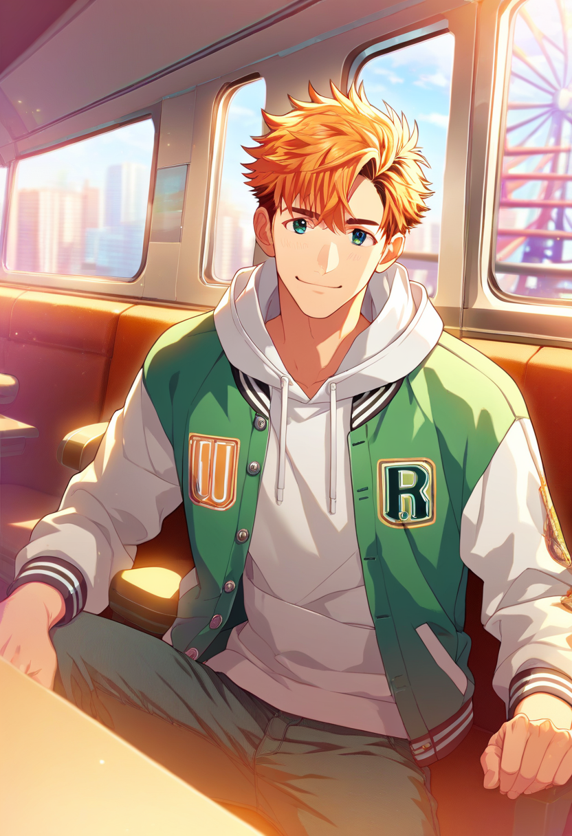 1boy, male focus, 
,((zPDXL)), score_9_up, score_8_up, score_7_up, score_6_up, score_5_up, score_4_up, best quality, amazing quality, best aesthetic, absurdres, year2023, uncensored, nsfw, official art, official style, depth of field, detailed eye,
<lora:Character - StaOke - Takuto Akabane:0.8> green eyes, orange hair, takuto
ferris wheel interior, looking at viewer, smile, sitting, pants, 
takutospring1, white hoodie, hood, open jacket, green letterman jacket,