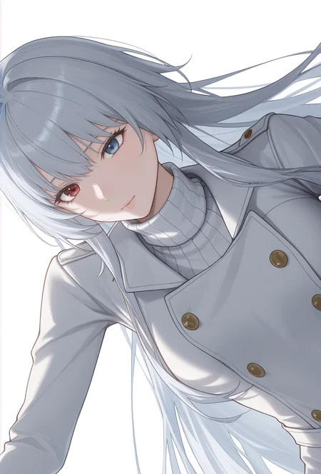 Smooth Quality,masterpiece,very intricate, high quality details, ultra realistic, high detailed skin,detailed enviorement,absurdres,
simple background, white background,solo,
sideways,dancing,
despair,
<lora:Valentine_CNR:0.8> valentine_cnr, 1girl, blue eyes, grey hair,red eyes, heterochromia, blue eyes,very long hair,turtleneck sweater, ,double-breasted jacket, ,stockings, ,