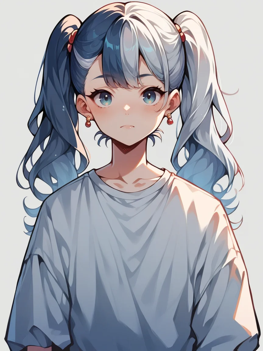 score_9, score_8_up, score_7_up, score_6_up, score_5_up, <lora:spl1th41rXLP:1> spl1th41r, two tone hair, 1girl, blue grey hair, twintails,