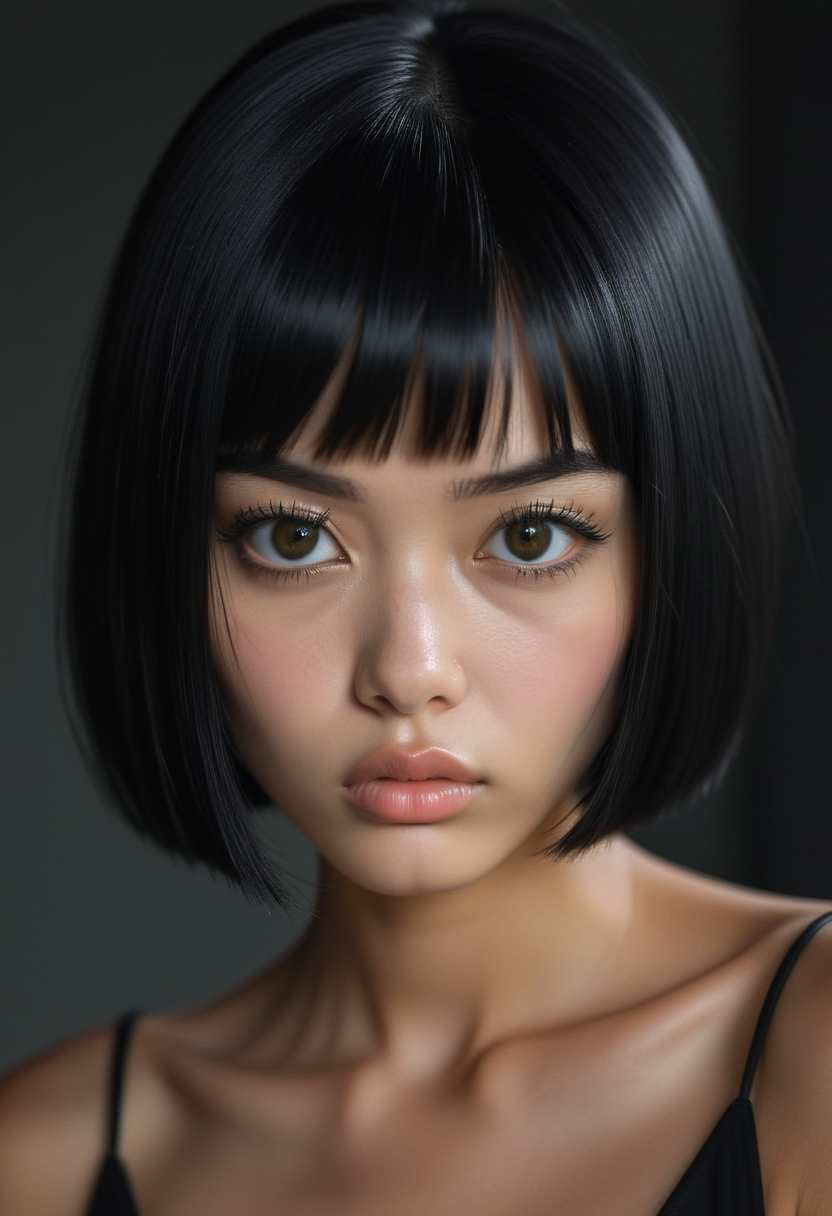 2d, A close-up of a model with straight, jet-black hair cut into a blunt bob, her sharp features highlighted by her intense, piercing grey eyes and serious expression., highly detailed, Kawaii, Moonlit, Charcoal, sad atmosphere <lora:usual-portrait-v2:1>