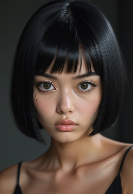 2d, A close-up of a model with straight, jet-black hair cut into a blunt bob, her sharp features highlighted by her intense, piercing grey eyes and serious expression., highly detailed, Kawaii, Moonlit, Charcoal, sad atmosphere <lora:usual-portrait-v2:1>
