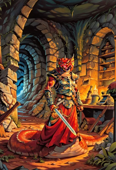 score_8, score_8_up, score_7_up, traditional media, 1other, 1boy, larry_elmore, rating_safe, fantasy, dnd, sword, weapon, solo, underground, weapon on shoulder, anthropomorphic_snakes_(naga), armor, indoors, horror (theme), meanacing, looking at viewer, underground, cave, dungeon, fantasy, upper body, standing, colored sclera, slit pupil, scales, no humans,