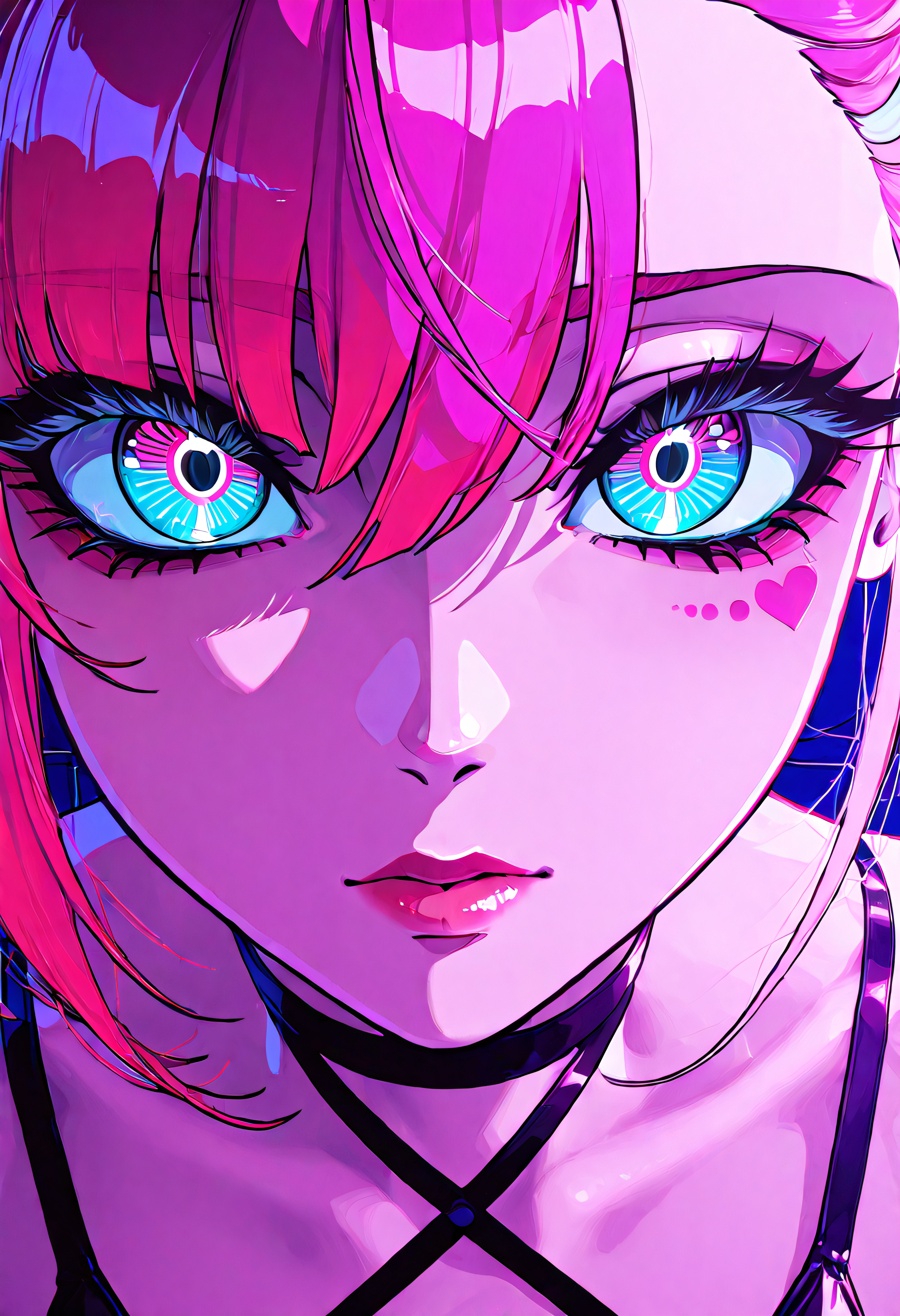 1girl, solo, neon punk ballerina with glitch tears, wistful look as if haunted by code, glitching VR nightclub in zero gravity, binary high-pass filter distortion, 90s VHS bright color scheme, plus, satanic symbols & demonic iconography, fisheye close-up portrait, hyper-detailed, cinematic lighting, 8K, ultra textural