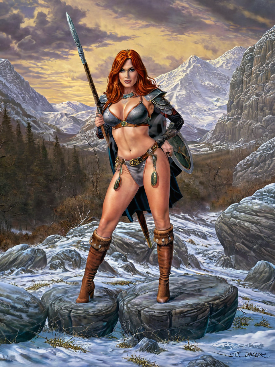 (((nude fantasy illustrations of by Elmore_Style_LX))) , standing pose, Witches and warriors, sexy, skimpy, slutty, red head  supermodel witch, adventure, cinematic, epic outdoor location, fantasy illustration, cinematic scene by forgotten realms, 1woman barbarian, skimpy armor, Huge breasts, bikini armor, sexy barbarian nude , with sword with a magic items, in the background epic winter sunset Fantasy masterpiece by Larry Elmore , <lora:Elmore_Style_LX-000010:0.8>