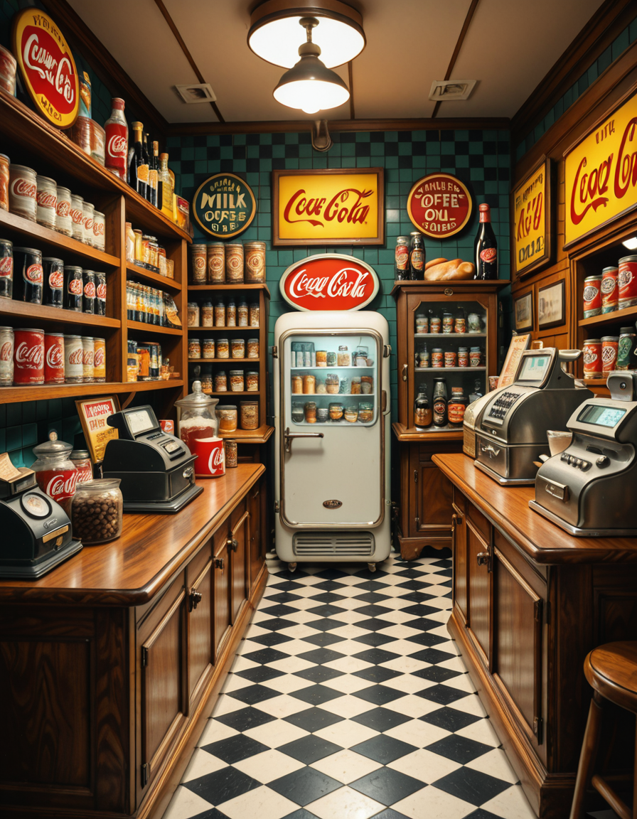 A vintage 1950s grocery store filled with nostalgic details. Wooden shelves neatly stocked with classic canned goods, glass soda bottles, and colorful retro packaging. An old-fashioned cash register sits on the wooden counter, next to a small scale for weighing produce. The checkered black-and-white tile floor adds to the mid-century charm, while hand-painted signs on the walls advertise milk, bread, and coffee in bold, retro fonts. A display of penny candy in glass jars sits near the entrance, and a vintage Coca-Cola refrigerator hums in the background. Soft, warm lighting casts a nostalgic glow over the scene, enhancing the rich textures of wood, glass, and metal, capturing the essence of a bygone era.
<lora:SDXLFaeTastic2400:0.4> <lora:extremely_detailed:0.4> extremely detailed
,1950s grocery st0r3, <lora:1950s_grocery_st0r3-i:1>, Masterpiece,best quality,hi res,8k,hi res,8k,award winning,(sharp focus, intricate, highly detailed),
