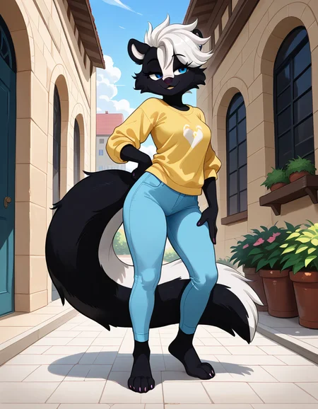 masterpiece, best quality, very aesthetic, absurdres,
outdoors,
full body, standing, posing,
casual,
seductive smile, parted lips, long eyelashes,
<lora:Amberr_v02_NAIXL:1>
Amberr,1girl,solo,furry,furry female, skunk girl ,white hair, skunk ears, short hair, blue eyes, snout, animal nose, body fur, black fur, white fur, two tone fur, skunk tail,