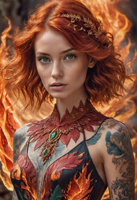 Masterpiece, 18yo girl, charming face, emerald eyes, lovely red hair, ((tasteful tattoos)), phoenix dress, minimalist jewelry, Galician picturesque setting, cinematic atmosphere, soft lighting, film grain, high detailed, best quality,