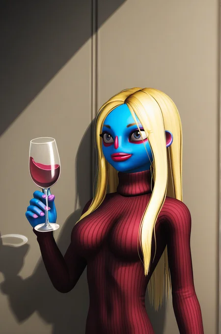 1girl,solo,colored skin,blonde hair,makeup,eyeliner,<lora:The_Violence_Gang_girl:0.8>,long hair,skinny body,big breasts,complex background,ultra detailed,wine glass,<lora:Body Type_alpha1.0_rank4_noxattn_last:2>,<lora:Perfect Hands:0.5>,Perfect Hands, turtleneck, maximum details