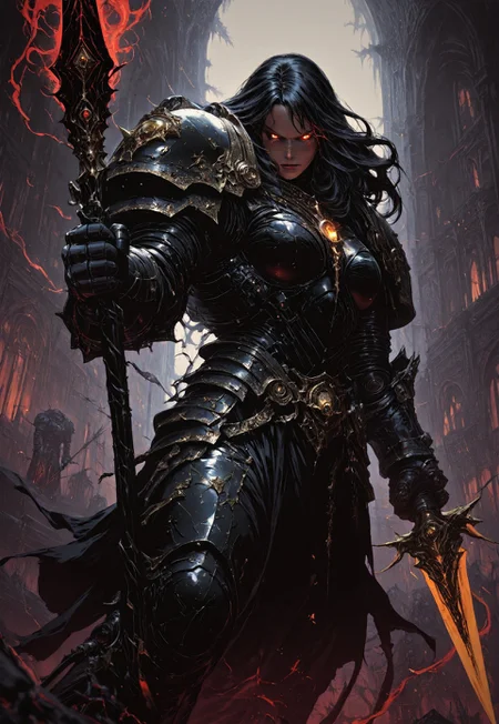 masterpiece, best quality, high quality,
newest, highres, 8K,HDR,
absurdres,
dynamic angle,
realistic,
1girl,
BlackT40k,
power armor,
long hair,
weapon,
glowing eyes,
dark fantasy,
holding spear,
floating,
ethereal aura,
red and black color scheme,
armored gauntlets,
golden ornaments,
looking at viewer,
battle stance,
supernatural energy,
shadowy background,
gothic architecture,
dynamic pose,
dramatic lighting,
detailed background,
depth of field,
foreshortening,
detailed background,
dynamic pose,
dynamic composition,
dutch angle,
foreshortening,
blurry edges,
<lora:ILLIronW40k:1>