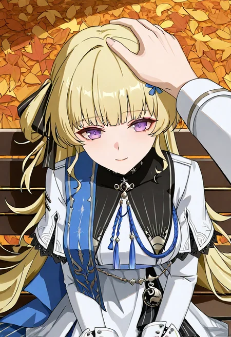 1girl, solo, phoebe wuthering waves, blonde hair, purple eyes, black gloves, blue sash, side cape, blue cape, long sleeves, white dress, white pantyhose, looking at viewer,
placing hand on viewer's head, gentle smile, slightly tilted head, pov headpat, sunlit park bench, mid-range, upper body, fall leaves scattering, comforting interaction
, <lora:Character_Phoebe-000015:0.8>