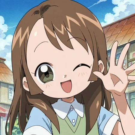 score_9, score_8_up, score_7_up, score_6_up, score_5_up, score_4_up,source_anime,anime screencap,retro artstyle,1girl,flat chested,glistening body,shiny_skin,dewy skin,BREAK
<lora:sachiko_v1:1.0> brown hair, long hair,blue shirt, sweater vest, plaid skirt,big eyes,happy, raised hand,blue sky, eyes closed,