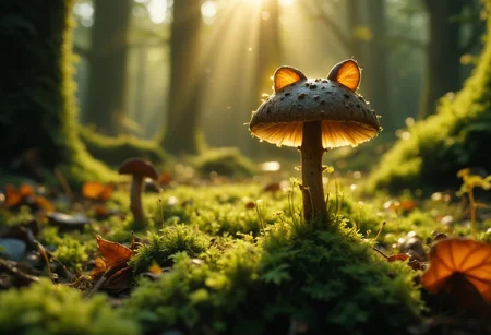 a small in deep moss growing hyperdetailed mushroom resembling a small cat, golden hour lighting, autumn, falling leafs, moss, forest soil, leafs, oragnic,