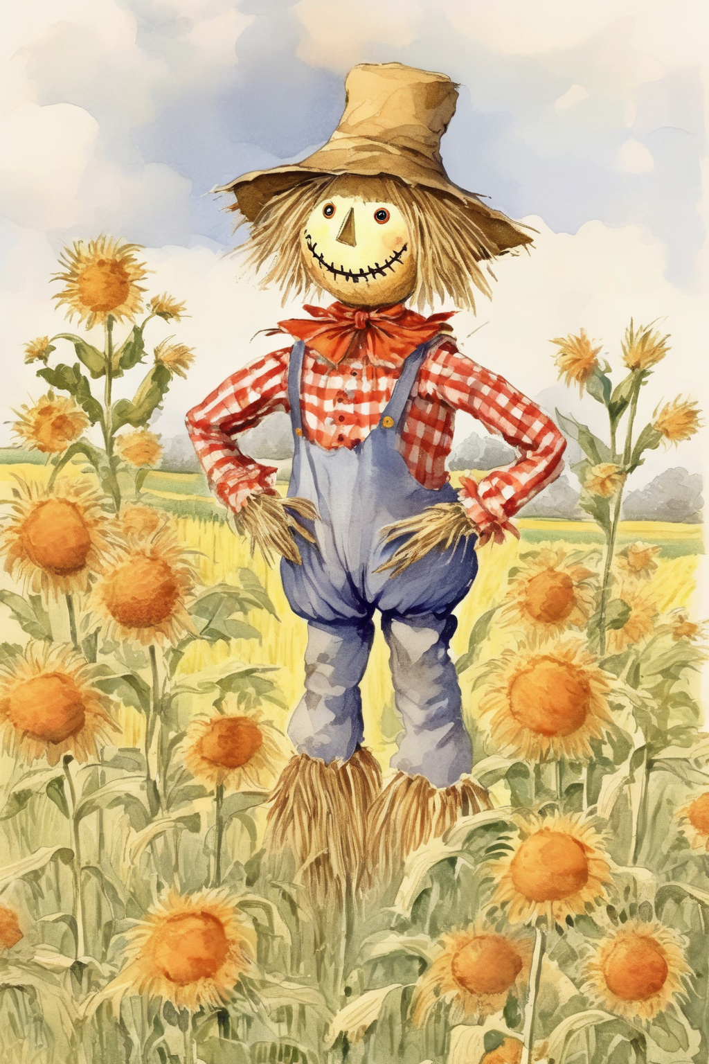 <lora:Randolph Caldecott Style:1>Randolph Caldecott Style - child's book illustration of a friendly scarecrow in a field of diases guarding the garden