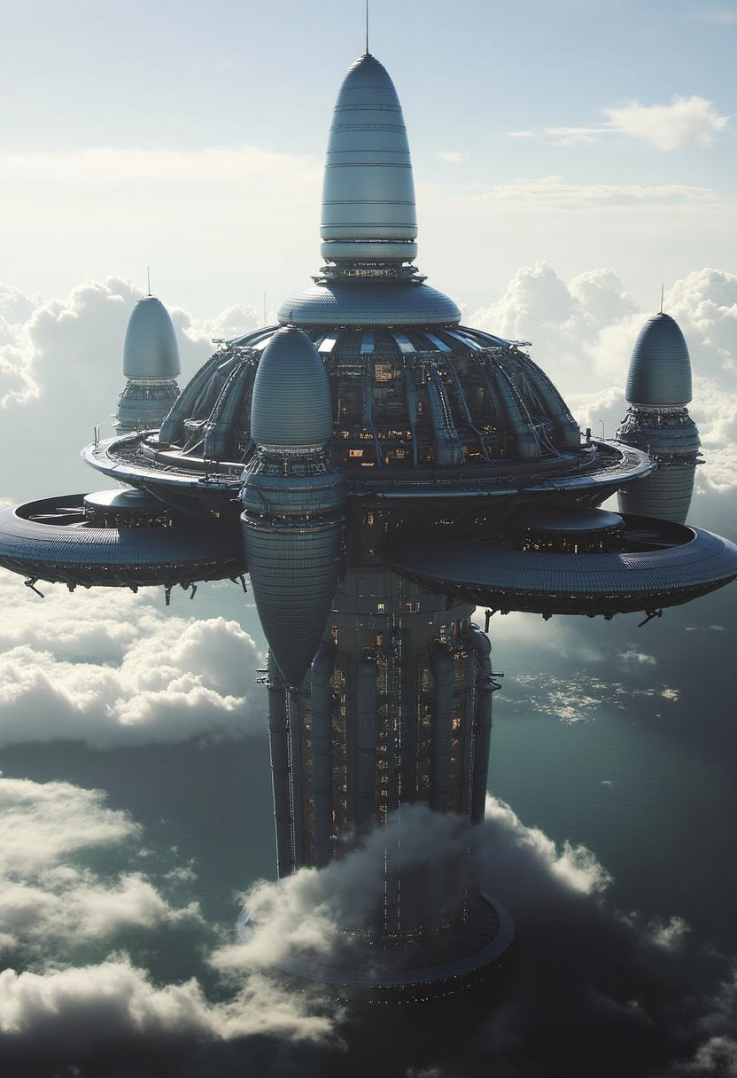 yfg-l3ms, YFG-L3ms industrial catwalks and pressurized tubes linking multiple spherical labs floating above the blue planet