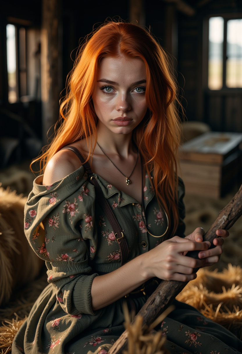 cinematic film still f4rm3rw0m4n, woman, red hair, (full body shot:1.25), farm, whittling a stick . shallow depth of field, vignette, highly detailed, high budget, bokeh, cinemascope, moody, epic, gorgeous, film grain, grainy