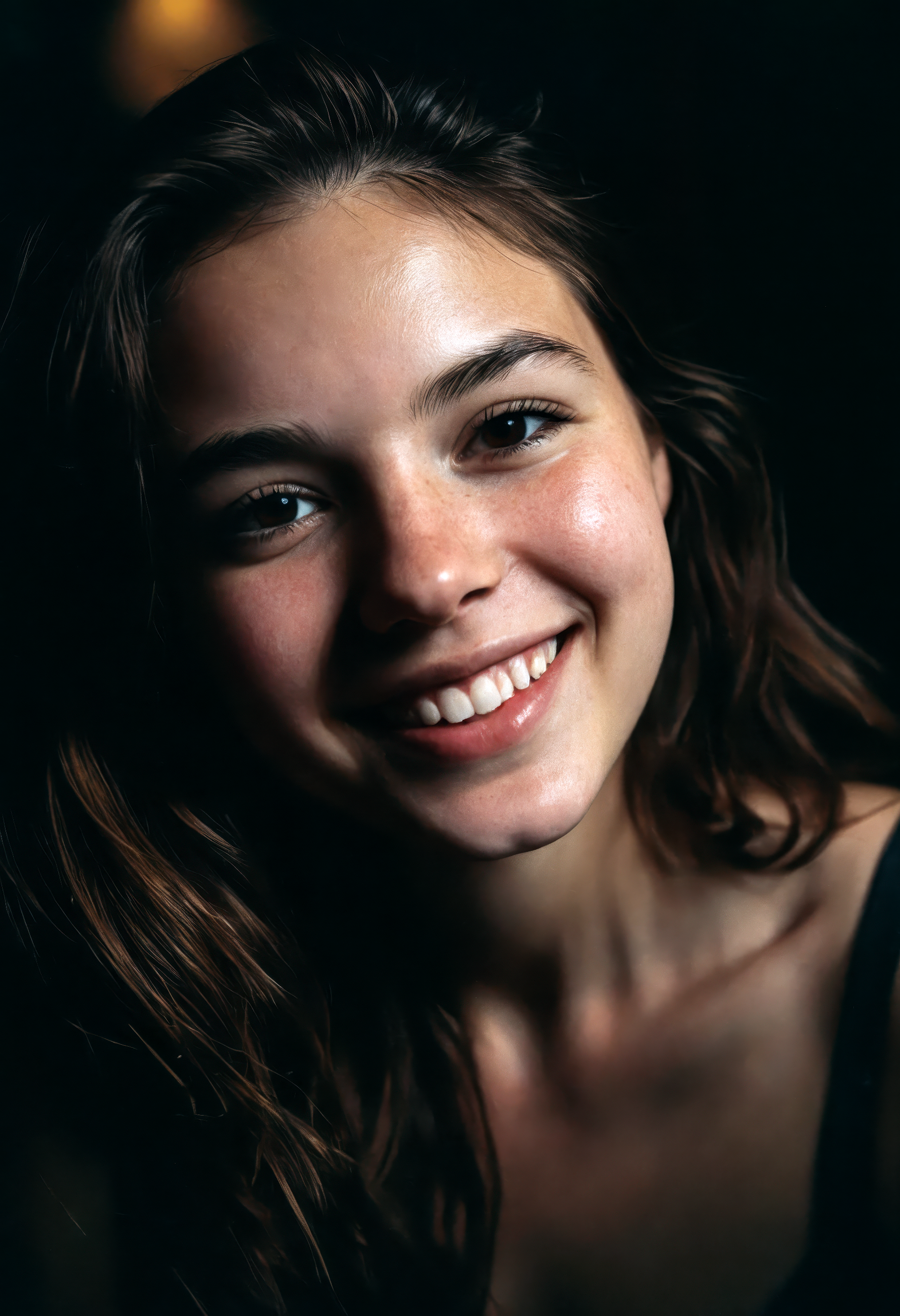 (close-up, editorial photograph of a 21 year old woman), (highly detailed face:1.4) (smile:0.7) (background inside dark, moody, private study:1.3), POV, nikon d850, film stock photograph, 4 kodak portra 400, camera f1.6 lens, rich colors, hyper realistic, lifelike texture, dramatic lighting, cinestill 800