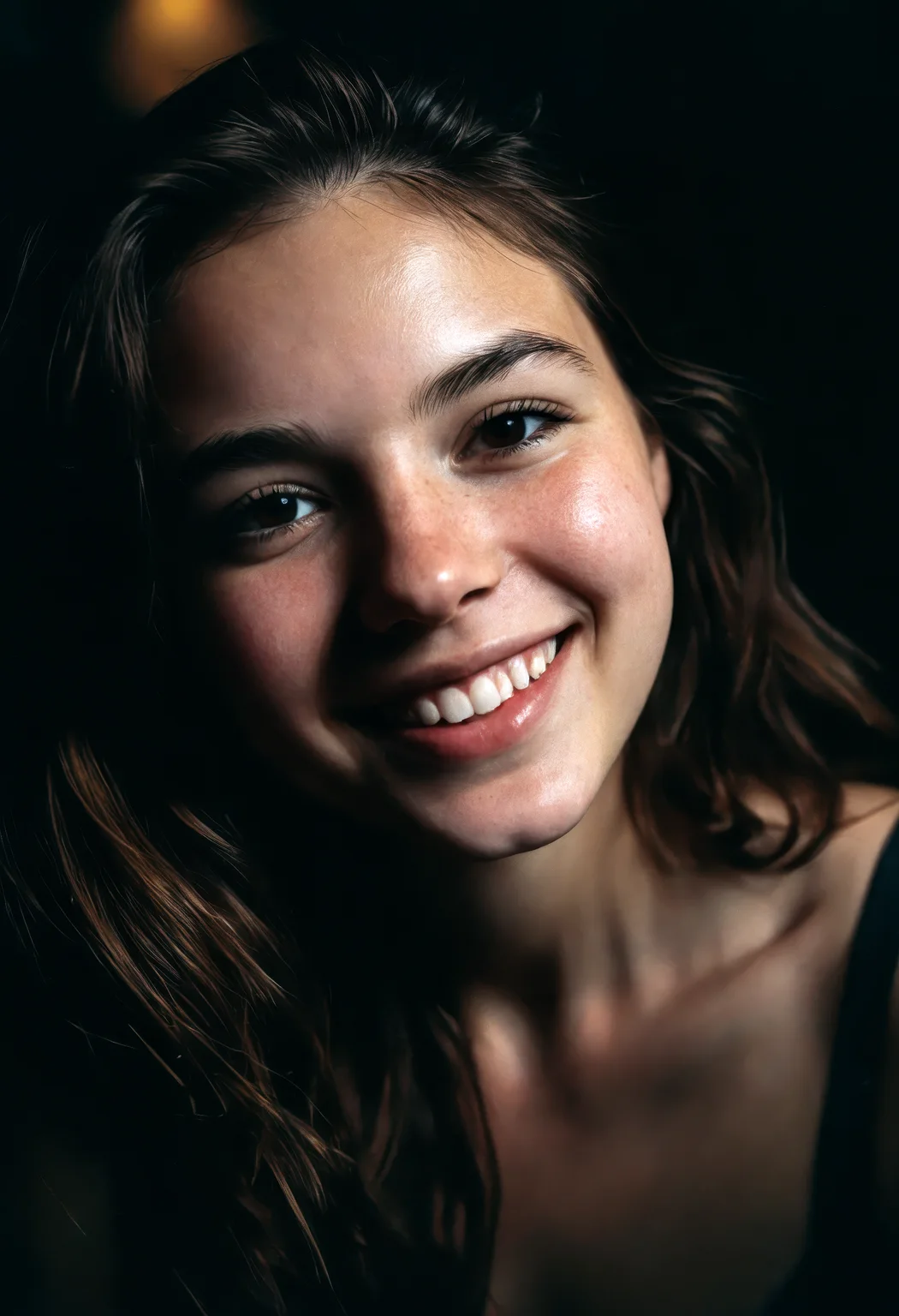 (close-up, editorial photograph of a 21 year old woman), (highly detailed face:1.4) (smile:0.7) (background inside dark, moody, private study:1.3), POV, nikon d850, film stock photograph, 4 kodak portra 400, camera f1.6 lens, rich colors, hyper realistic, lifelike texture, dramatic lighting, cinestill 800