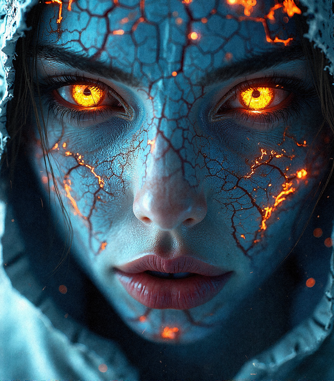  a hyper-realistic close-up of a female character with glowing, ember-like eyes that burn with an intense inner fire. Her skin is a cold, translucent blue, contrasted with intricate cracks and fissures that glow with molten orange and red hues, suggesting that she is a fusion of ice and fire. Her face should have a photorealistic texture, showing fine skin details, with subtle reflections of the fiery glow on her lips and cheeks. The image should capture the intensity of her gaze, with wisps of hair framing her face, illuminated by the fiery light.

The background should be soft and blurred, allowing the viewer to focus entirely on the intricate details of her face. Use dynamic lighting to accentuate the contrast between the cool blue skin and the hot, glowing cracks. This character should evoke a sense of power and mystery, as if she is a supernatural entity or a being in the midst of transformation. Add subtle details like faint embers or sparks around her, enhancing the illusion that she is emanating heat and light from within.
