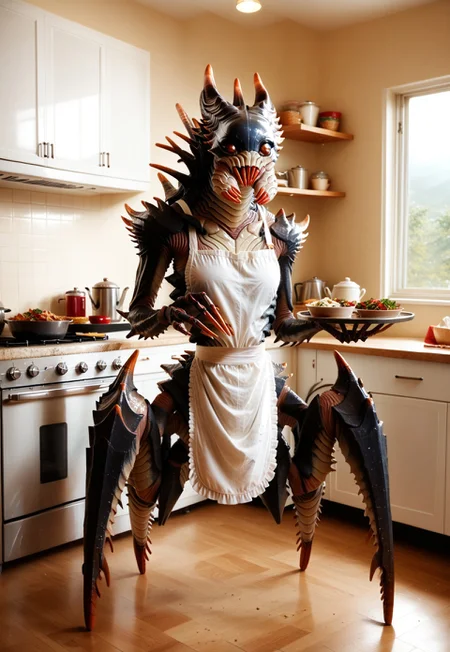 PDXLxxx, score_9, score_8_up, , score_7_up, score_6_up, source_furry, source_monster, rating_safe, Chryssalid, alien, mandibles, four-legged, arthropod girl, insectoid, no humans, monster, horns, teeth, claws, full body, cowboy shot, apron, kitchen, holding, tray, food