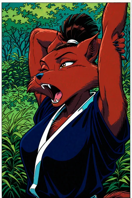 score_9, score_8_up,score_7_up, source_furry, 1girl, solo, NinTMTCom, retro, ninjara, furry female, fluffy tail, anthro, fox girl, topknot, short hair, furry, brown fur,  <lora:NinjaraIL:1> outside, open mouth, fangs, yawning, close up, face focus, stretching,